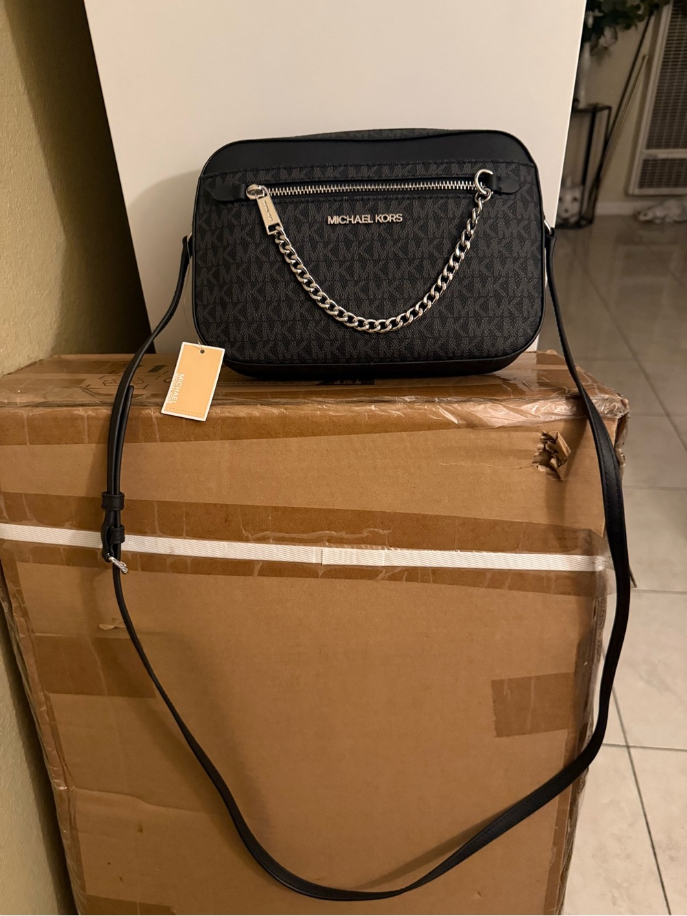MICHAEL Michael Kors Black Logo Crossbody with Chain Accent